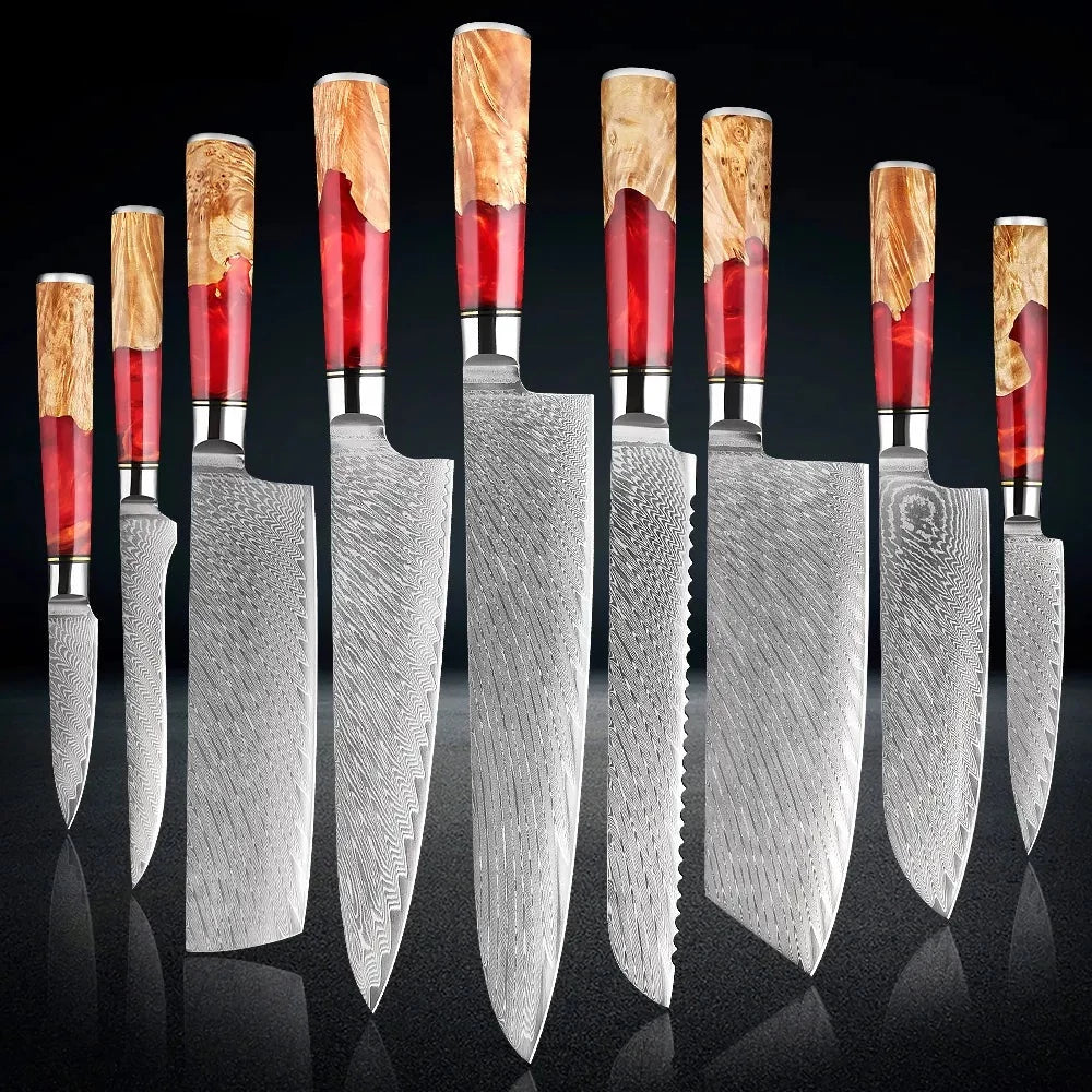 Kicchin Couteaux de Chef Japonais en Acier Damas - Poignée en résine rouge