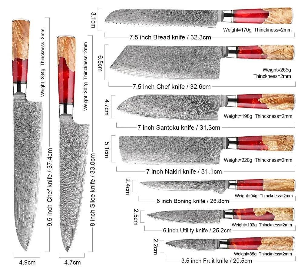 Kicchin Couteaux de Chef Japonais en Acier Damas - Poignée en résine rouge