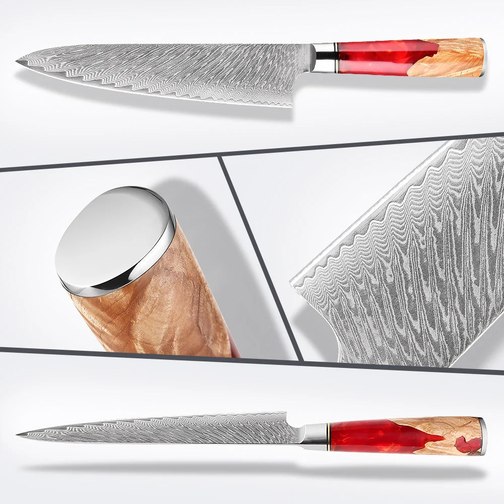 Damascus Laser Chef Couteau Saumon Japonais Sashimi Couteau Résine Rouge  Poignée Tranchant Couteau Cuisine Couteau Cuisson